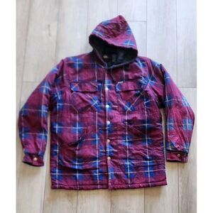 Dickies Quilt Lined Flannel Hooded Button Jacket L Pocket Blue Red W/ Drawstring